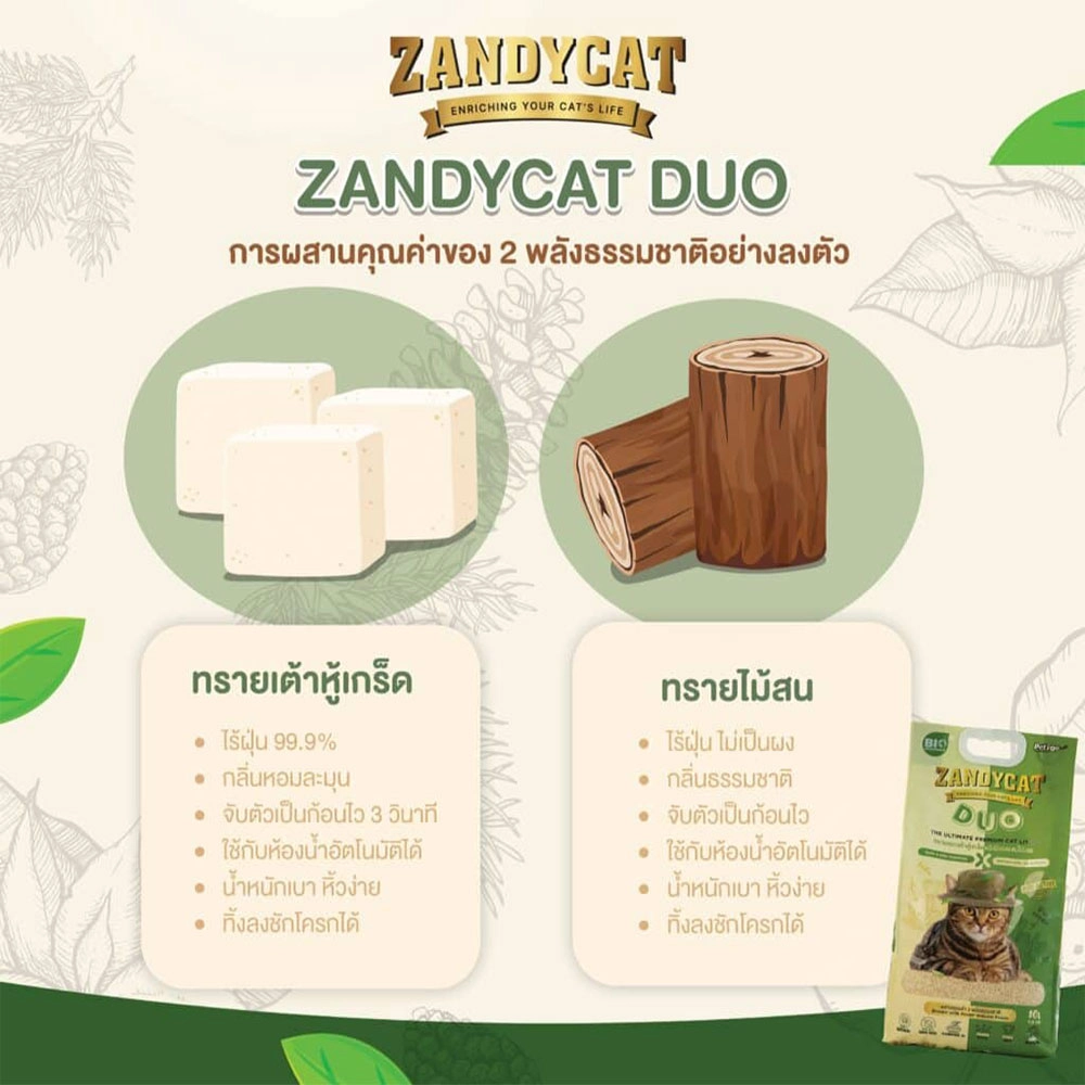 Zandycat Duo ทรายเต้าหู้ผสมไม้สน ชนิดเกล็ด ขนาด 10 ลิตร