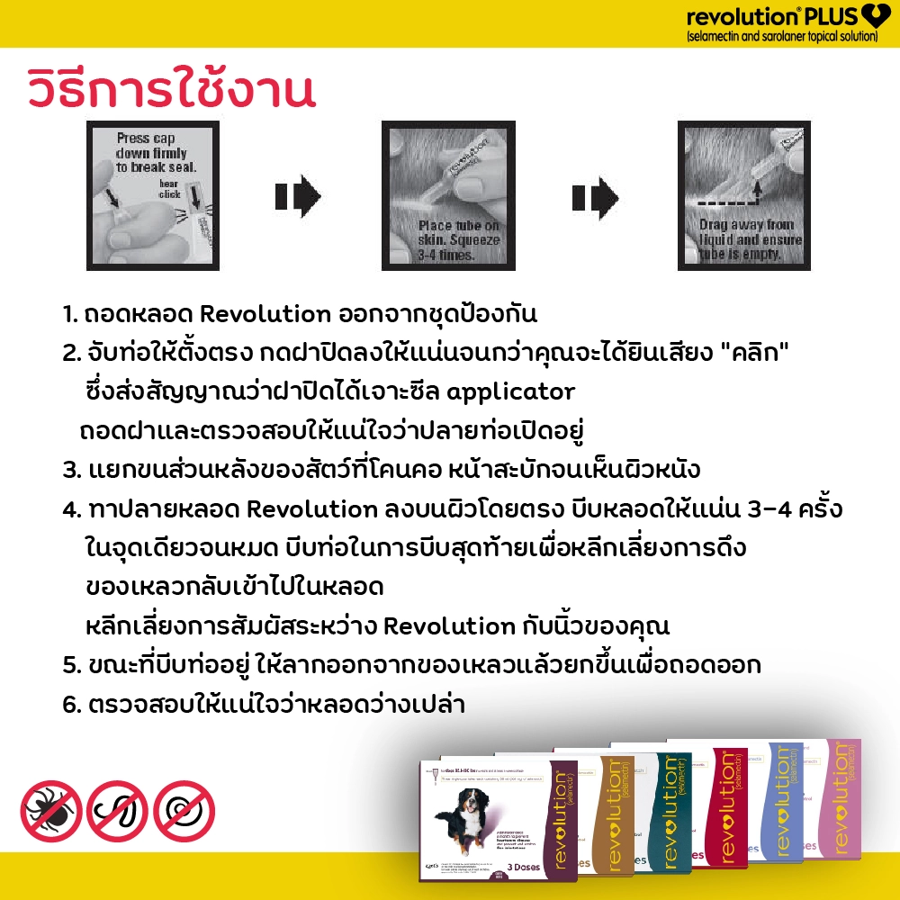 Revolution ยาหยดป้องกัน หมัด เห็บ ไรในหู พยาธิตัวกลม พยาธิปากขอ และพยาธิหัวใจ (ราคาต่อหลอด)