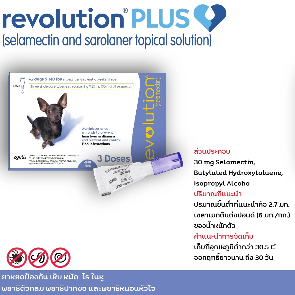 Revolution ยาหยดป้องกัน หมัด เห็บ ไรในหู พยาธิตัวกลม พยาธิปากขอ และพยาธิหัวใจ (ราคาต่อหลอด)