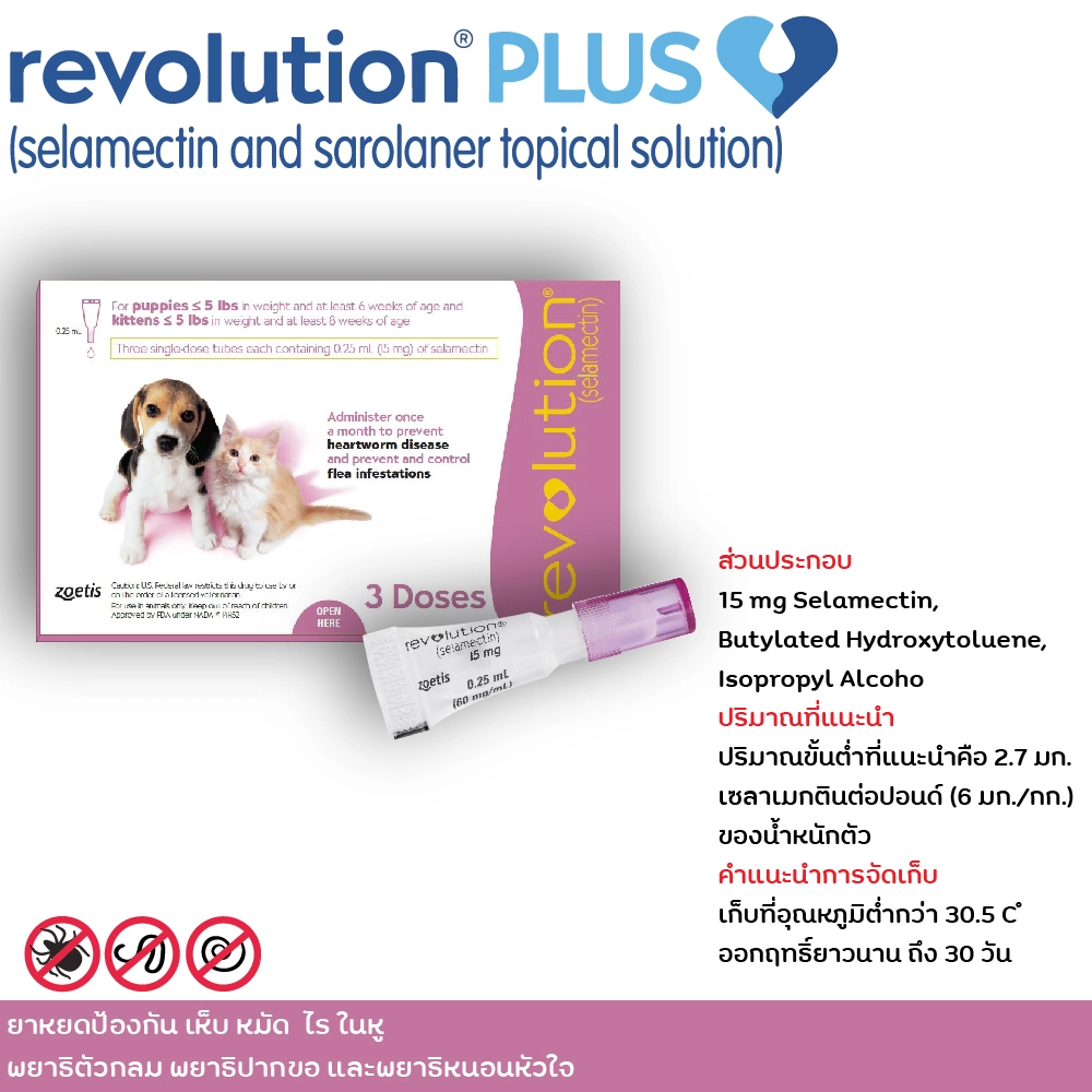 Revolution ยาหยดป้องกัน หมัด เห็บ ไรในหู พยาธิตัวกลม พยาธิปากขอ และพยาธิหัวใจ (ราคาต่อหลอด)
