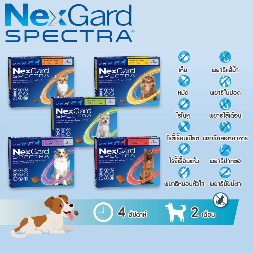 NexGard Spectra ยากำจัดเห็บหมัด กันพยาธิหัวใจ ถ่ายพยาธิลำไส้ (ราคาต่อเม็ด)